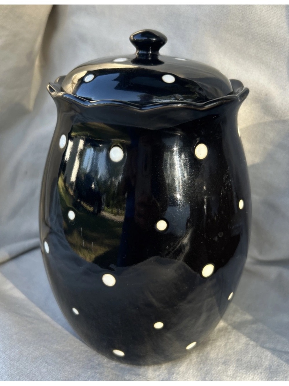 Temp-Tations  Ceramic Canister By Tara 2 Qt Black Polka Dot With Lid